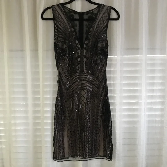 black and nude sequin dress Black Nude Sequin Illusion High Slit Long Dress Olvi's Lace